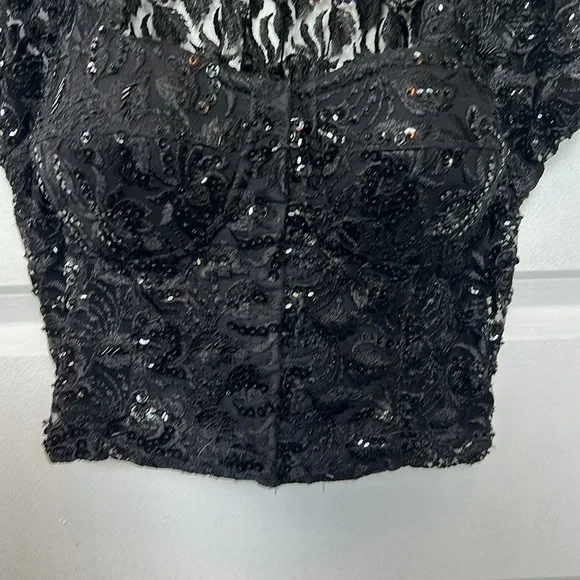 Rare vtg 90s BLACK LACE BUSTIER crop top sequins beads eyelets size 34 Madonna - Picture 3 of 12